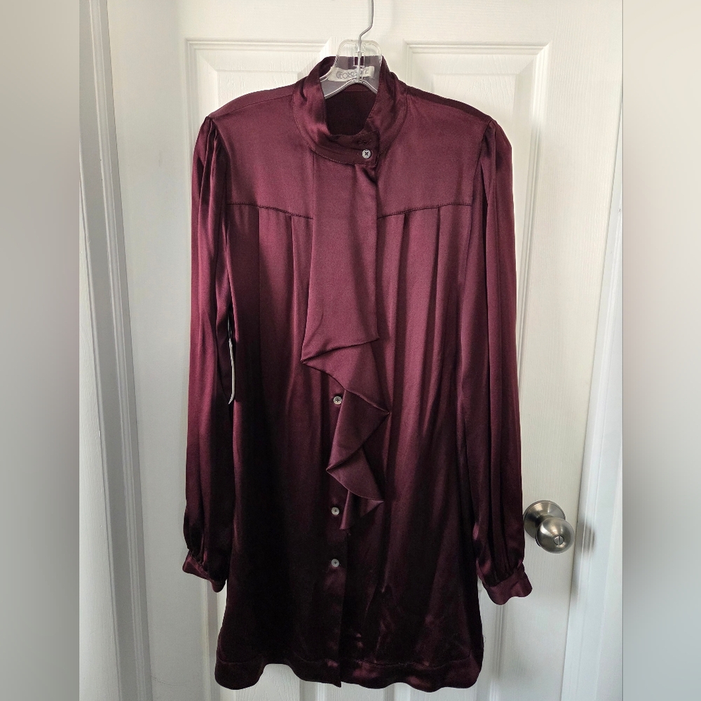 Georgette Burgundy Silk Ruffle Blouse Tunic Oxblood Romantic M